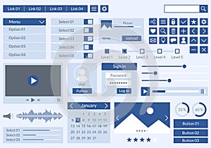 Ui kit design for app, web and mobile. Website interface template with buttons, icons, menu forms. Vector illustration